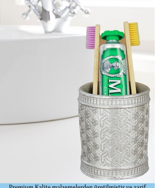 Diş Fırçalığı Tezgah Üstü Gümüş Renk Diş Fırçası Standı Y Desenli Model